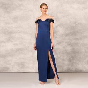 Adrianna Papell Hand Beaded Off The Shoulder Long Column Gown With Slit In Navy